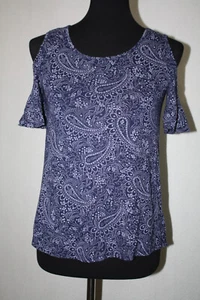 Old Navy Size M Blue Paisley Cold Shoulder Short Sleeve Knit Pullover Top - Picture 1 of 6