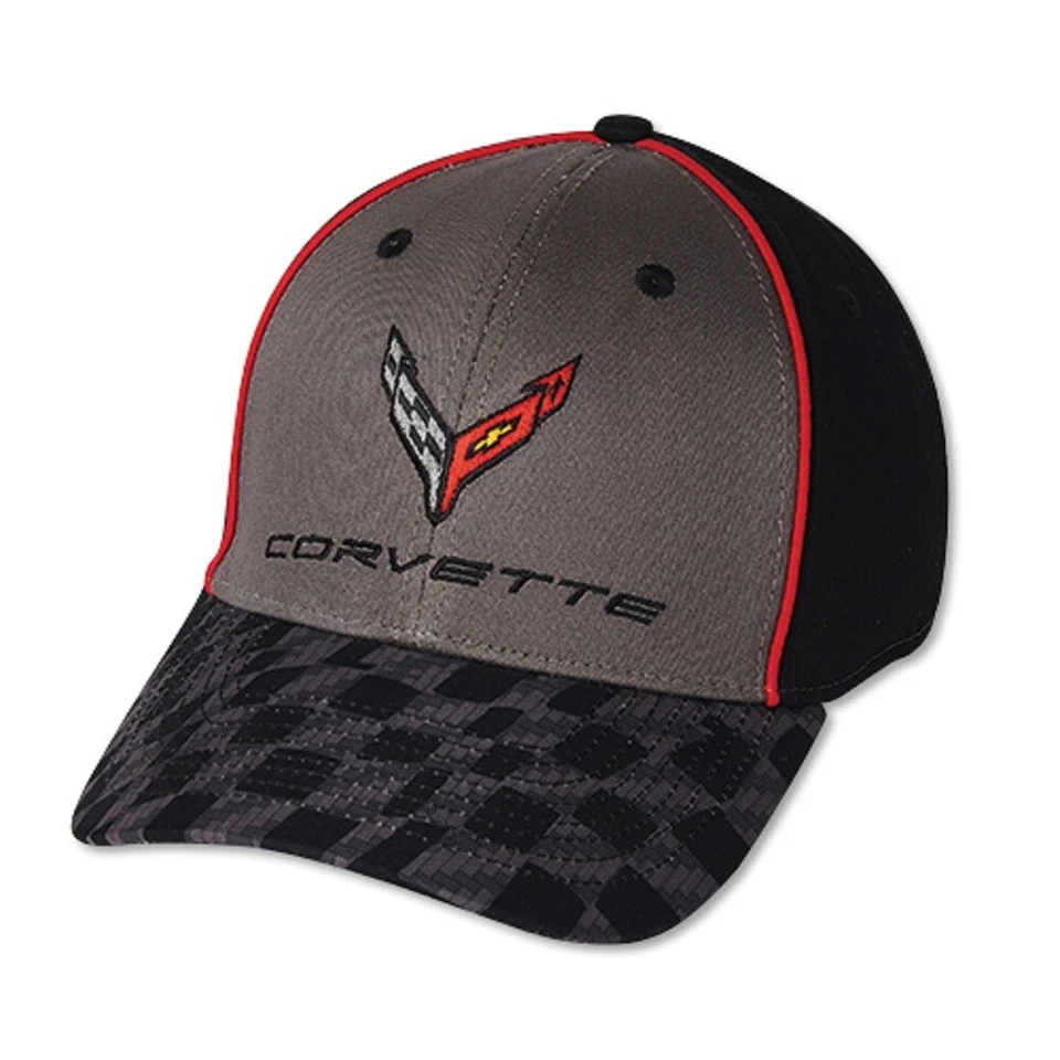 C8 Corvette Black Gray Red Checkered Visor Cotton/Polyester Hat