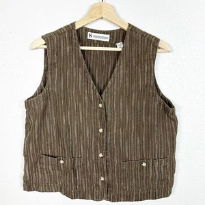 Valerie Stevens Womens Vintage 90s Linen Striped Vest in Brown Size Medium - Picture 1 of 8