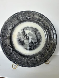 Black Transferware Plate Rhone Scenery T J & J Mayer Staffordshire England - Picture 1 of 6