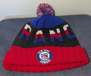 Vintage American Needle New York Rangers Beanie Hat Red Blue Gray Pom Knit - Picture 1 of 6