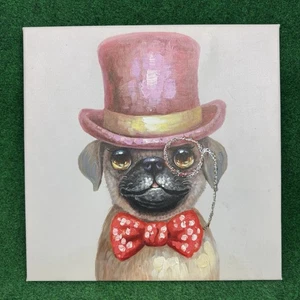 MOPS GEMÄLDE trägt Zylinderhut & rote Fliege 16 x 16 Leinwand Haus Wandbild Dekor - Bild 1 von 6