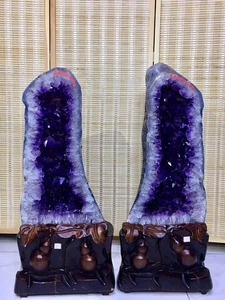 177 Pfund natürlicher Amethyst Geode Kathedrale Kristall Cluster Exemplar Dekor Paar + Ständer - Bild 1 von 8