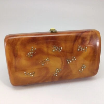 Ilene Lucite Bolso sin asas Bolso de mano Ámbar Remolino Estrás Estilizado Abejas De colección Foto 1 de 4