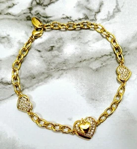 Love Heart Charm Bracelet Anklet Oval Belcher Link 8" Womens 18k Gold Layered - Picture 1 of 6