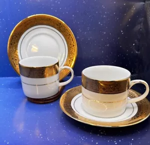 Zwei Muirfield "Magnificence" Tasse Untertasse Sets Gold verkrustet Kaffee Tee Sri Lanka - Bild 1 von 10
