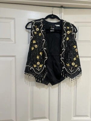 Chaleco Negro Con Cuentas Lentejuelas Festival Hecho a Mano Artístico Retro Glamour Rocker Grande De Colección Foto 1 de 4