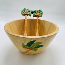 Vintage Clay Art Wooden Salad Bowl Set Palm Tree Tropical Hand Painted 2002 EUC
