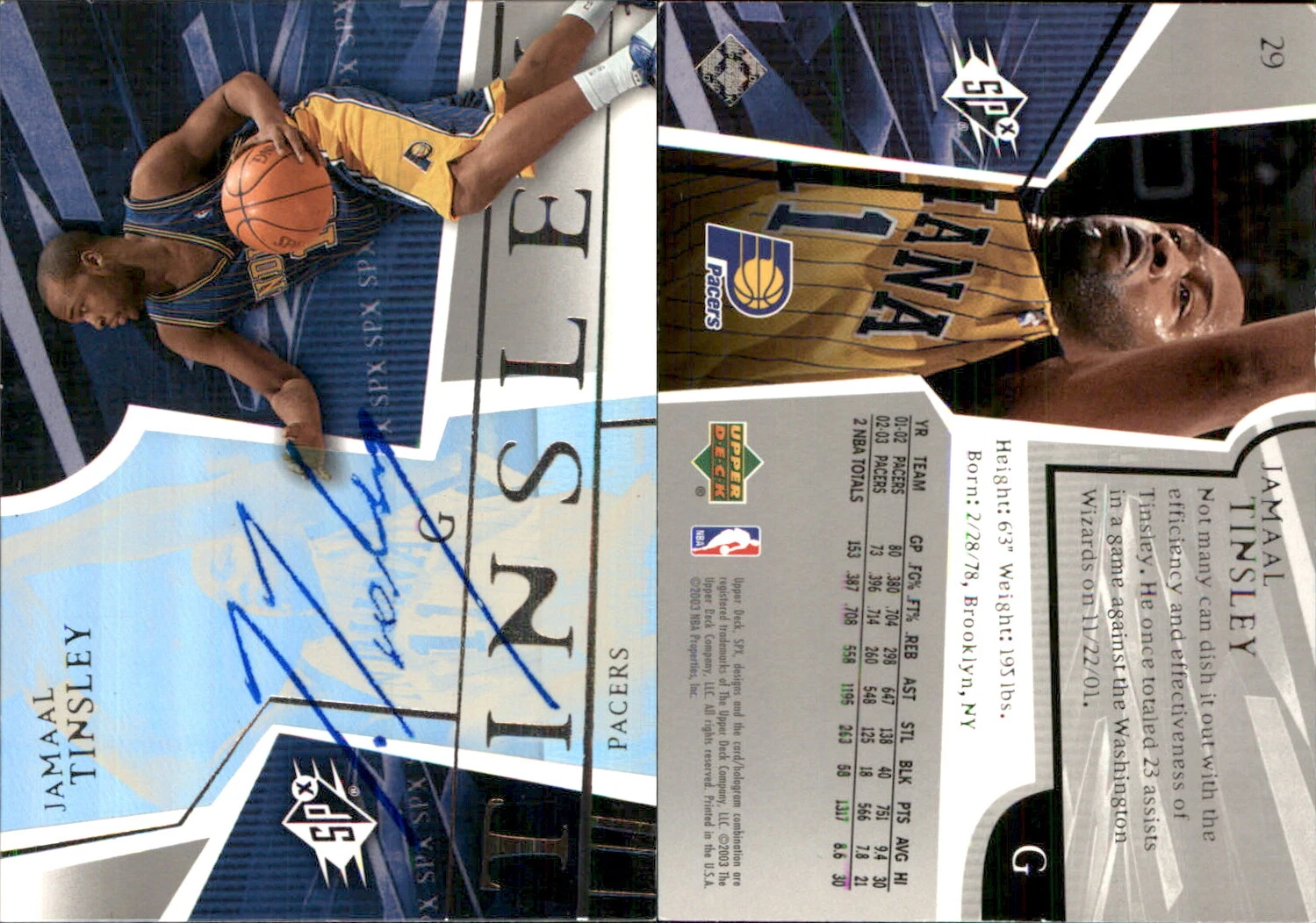 Jamaal Tinsley Signed 2003-04 SPx #29 Card Indiana Pacers Auto AU