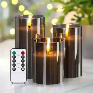 【NEW】FLAMELESS CANDLES - FLICKERING LED W/ REMOTE TIMER DECOR GRAY (3 PACK) - Picture 1 of 8