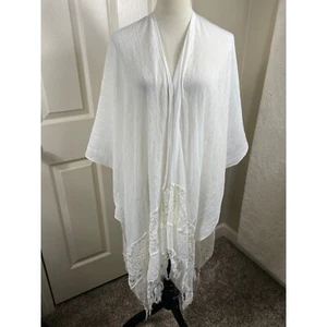 Lace Trim Kimono Cover Up Beach Resort Bohemian White One Size - Picture 1 of 7