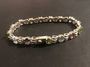 Sterling Silver 925 Lot Bracelet V8 Single Row  Tennis Fashion Amethyst Peridot - Picture 1 of 8