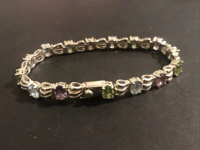 Sterling Silver 925 Lot Bracelet V8 Single Row  Tennis Fashion Amethyst Peridot - Image 1 of 4
