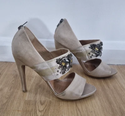 All Saints nude sandals size 41 UK 7.5/8 high heeled Aurora zip back jewelled  - Image 1 of 4