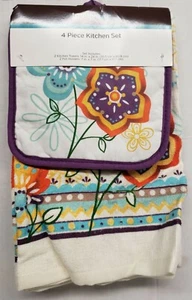 JUEGO DE 4 piezas: 2 soportes para ollas iguales y 2 toallas diferentes (14x24") FLORES Y BICICLETA COLORIDAS, TL - Imagen 1 de 12