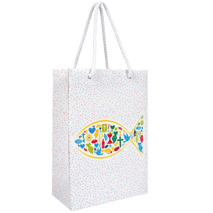 Geschenktüte Konfirmation weiß mit buntem Druck Ichthys | Geschenktasche - Bild 1 von 1