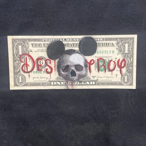 skull mickey DESTROY 1 Dollar Bill Original painting Graffiti Art Street Art - Picture 1 of 7