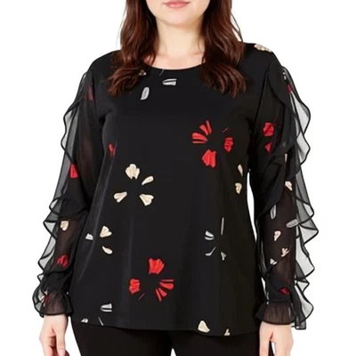 Blusa romántica floral negra 3X Plus Top manga volantes estampado Alfani para mujer Foto 1 de 4