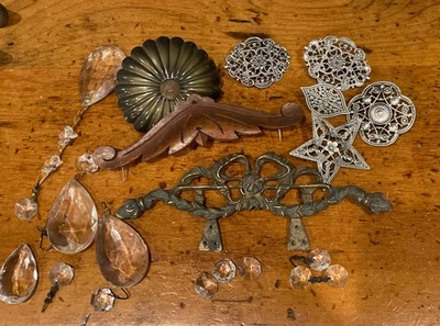 Lot Junk Drawer Primitive Wood & Metal Antique Salvage Prisms Picture Frame - Image 1 of 4