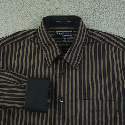 Paul Fredrick Shirt Mens 15.5 34-35 Black Gold Stripe Trim Fit Dress 100% Cotton - Image 1 of 4