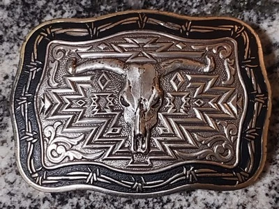 Crumrine Western  LONGHORN Steer Skull Belt Buckle  Silver Tone - Image 1 of 4
