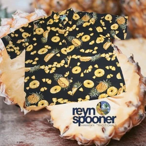 REYN SPOONER Men's Golden Juicy Pineapple Hawaiian Aloha Shirt Black L - Picture 1 of 7