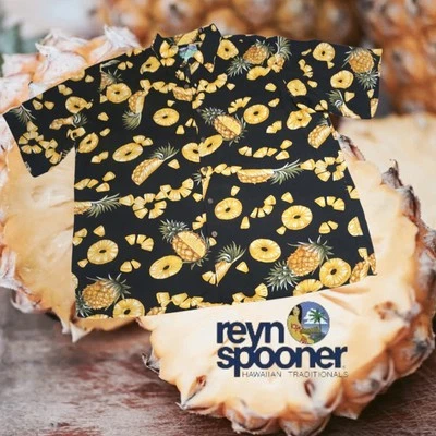 REYN SPOONER Men's Golden Juicy Pineapple Hawaiian Aloha Shirt Black L - Image 1 of 4