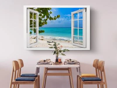 Window View of Tropical Island Beach Paradise Wall Art Canvas Print