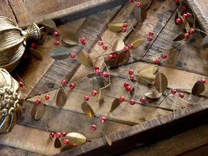 Gold Metal Christmas Garland, Winter Red Berry & Brass Leaf Decoration 187cm - Picture 1 of 2