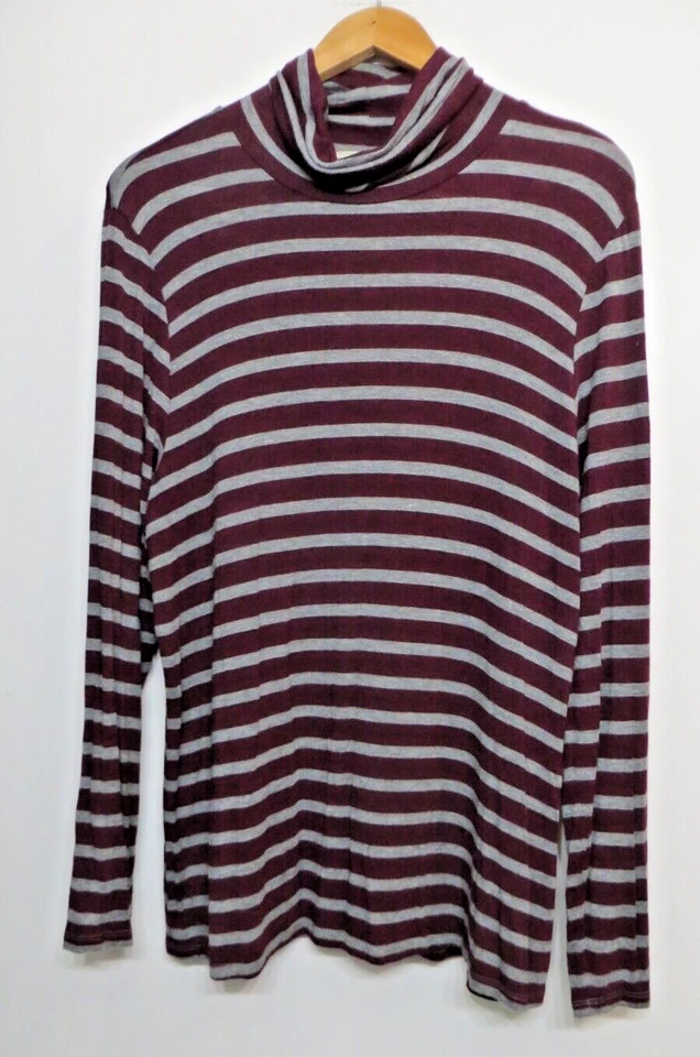 Bass Shirt Womens XL Burgundy Red Gray Striped Turtleneck Longer Stretch Top - Image 1 of 4