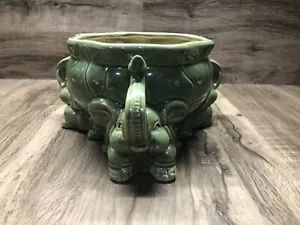 Vintage Elephant Planter Bowl Trunk Up Green Majolica Pottery - Picture 1 of 7