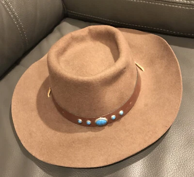 DE COLECCIÓN WEBSTER BEE HAT CO MARRÓN 100% LANA ESTILO OCCIDENTAL IMITACIÓN TURQUESA HECHO EN EE. UU. Foto 1 de 4