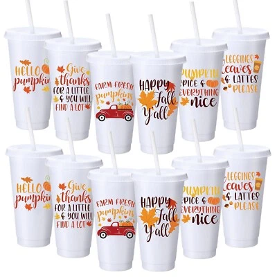 24 Pcs Fall Thanksgiving Plastic Cups with Lid and Straw 24oz Reusable Thanks... - Image 1 of 4