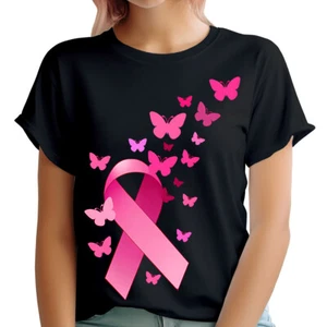 Butterflies Cancer Ribbon Awareness Pink October 2024 Womens T-Shirt #BCA - Picture 1 of 17