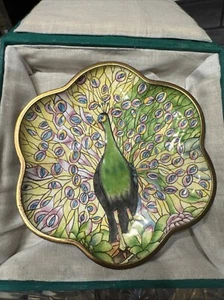 CHINEMEL by B. Yee Trinket Plate Painted Enamel On Copper - Handpainted PEACOCK - Picture 1 of 7
