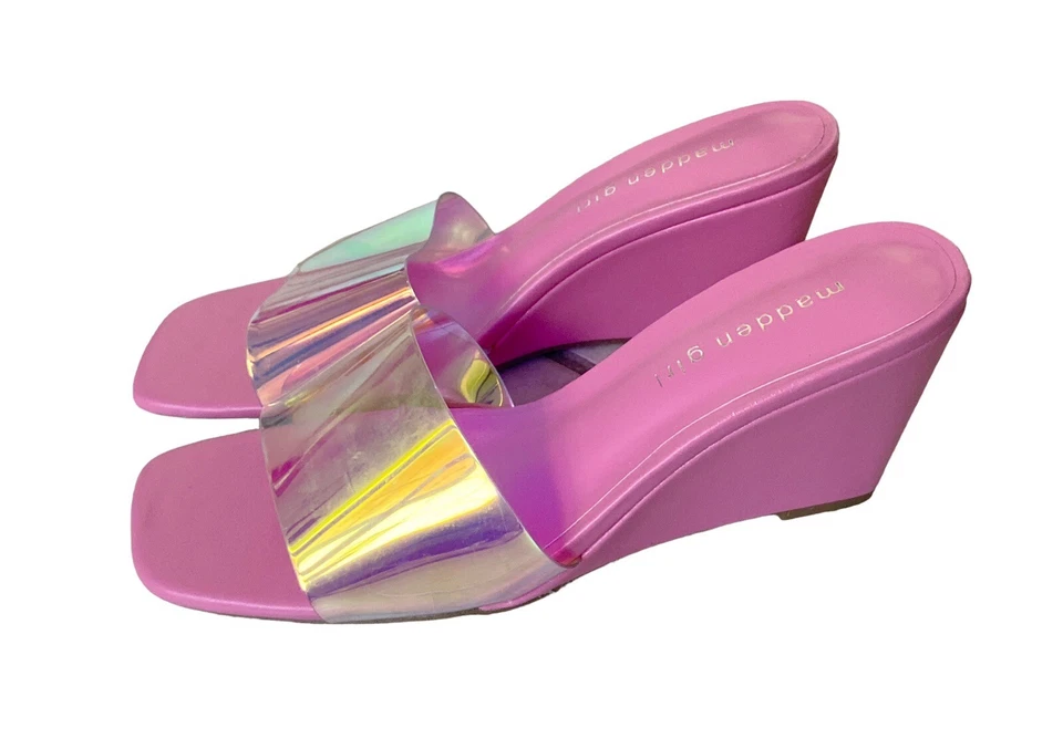 MADDEN GIRL Womens Size 7.5 Pink Iridescent Rayne Wedge Sandals Heels Shoes - Image 1 of 4