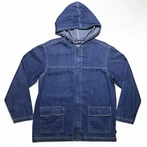 Blassport Jacket Womens Large Denim Hooded Chore Barn Coat Zip Pockets Vintage - Picture 1 of 7