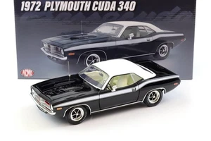 1:18 ACME 1972 Plymouth Cuda 340 Coupe Nera Con Tetto/Strisce Bianche - Foto 1 di 5