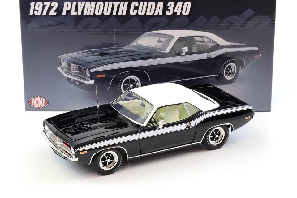 1:18 Acme 1972 Plymouth Cuda 340 Coupe Black with White Roof/Stripes - Image 1 of 4