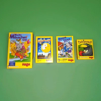 4 HABA Games Bundle/Lot : Obstgarten Mucks Mauschen Still Mondreise Rhino Hero - Image 1 of 4