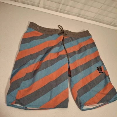Volcom Slingers Mens Size 34 Board Shorts Striped Orange Blue - Image 1 of 4