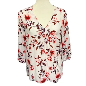 Gap Blumen Bluse Oberteil Damen M V-Ausschnitt 3/4 Arm weiß rot rosa Viskose - Bild 1 von 12