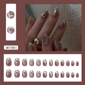 24pcs French False Nails Irregular Metallic Lines Nail Tips Fake Nials DIY - Picture 1 of 4
