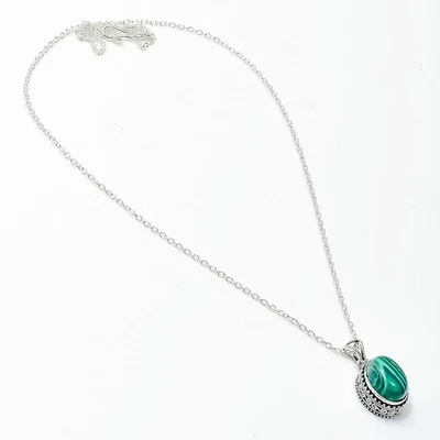 Collar de cadena de joyería de plata de ley 925 con piedras preciosas de malaquita natural ADJ Foto 1 de 4