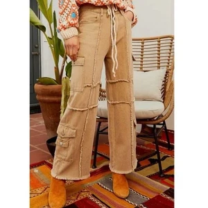 POL Wide Leg Soft 100% Cotton Boho Cargo Jeans Tan Size L FWP64 Creamy Coffee - Picture 1 of 7
