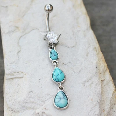 316L Stainless Steel Triple Teardrop Turquoise Dangle Navel Ring - Image 1 of 3