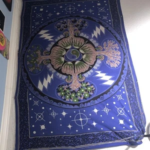 Gypsy Rose Blue Green Mushroom Psychedelic Cloth Banner Bedspread Tapestry 56x92 - Picture 1 of 2