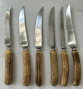 VTG Birks 6pc Set Stainless Steak Knives Antler Handle England MCM Rustic VGUC - Picture 1 of 7