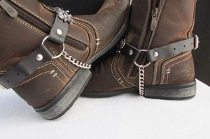 Biker Western Women Boot Chain Pair Black Fabric Straps Rose Flower Punk Rocker - Zdjęcie 1 z 24