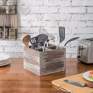 Rustic Torched Wood Kitchen Cooking Utensil Holder, 4-Compartment Flatware Caddy - Picture 1 of 6